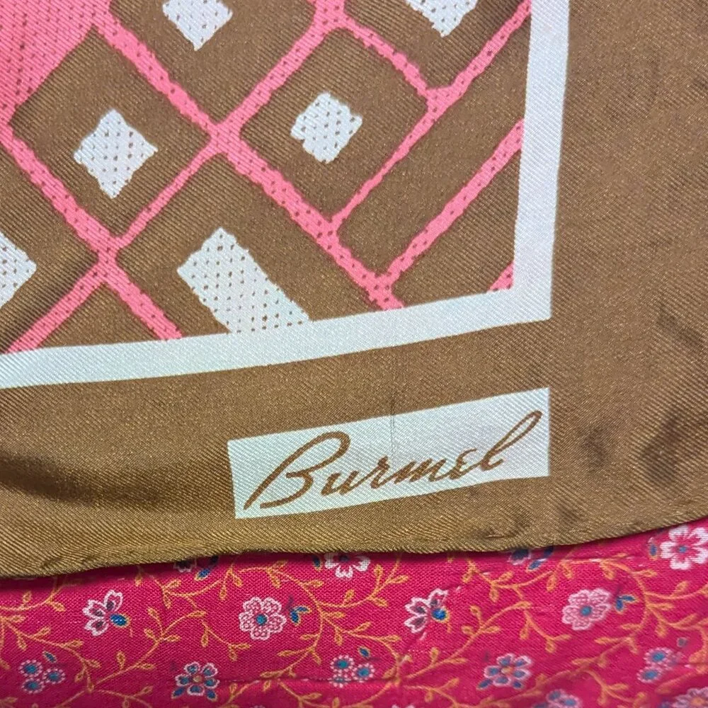 Vintage Burmel‎ Scarf 60’s 70’s Vibrant Square Geometric MCM Nylon Pink Brown